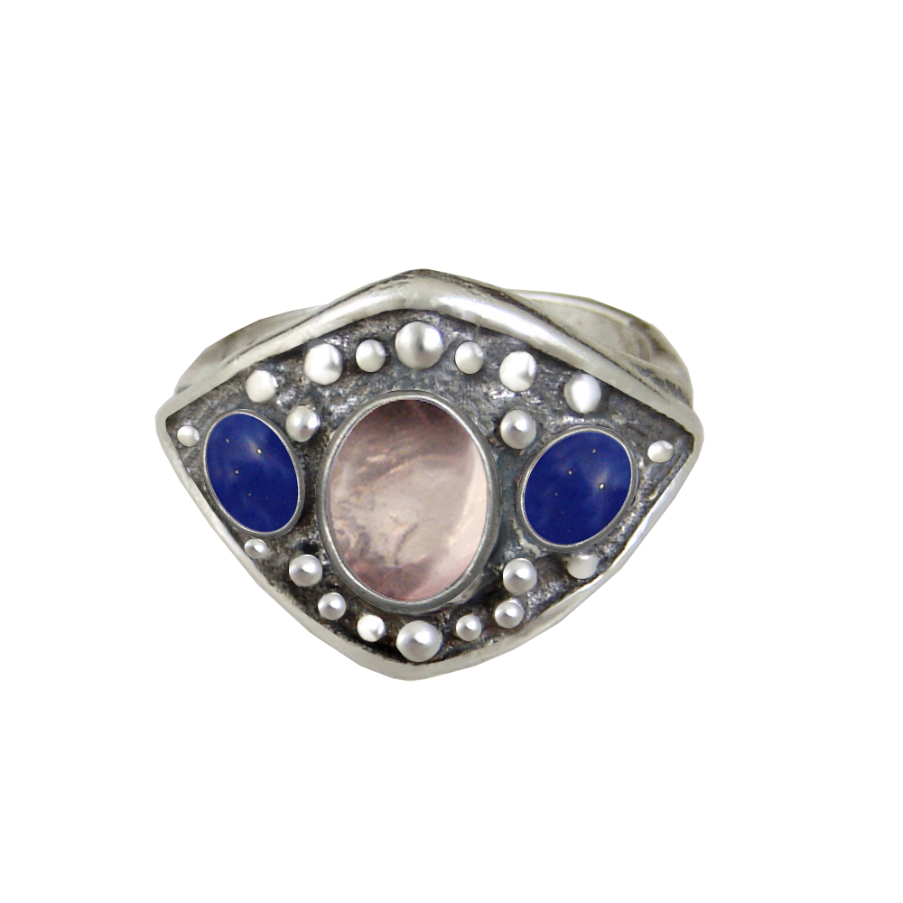 Sterling Silver Medieval Lady's Ring with Rose Quartz And Lapis Lazuli Size 9
